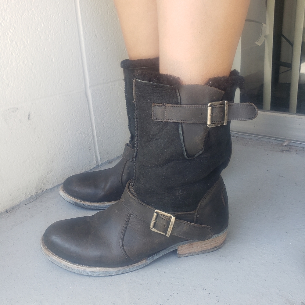 Lluxe De Leon Conquista Motorcycle boots black leather shearling lined 9